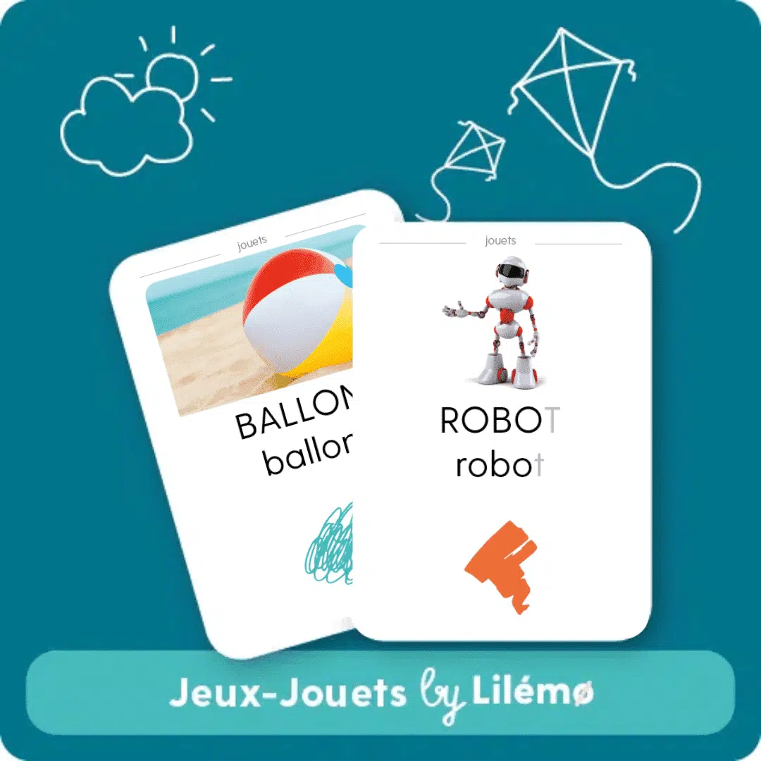 Cartes illustrant des jouets, avec une balle de plage colorée et un robot, sur un fond bleu. Conçues par Lilémø, ces cartes sont idéales pour les enfants.