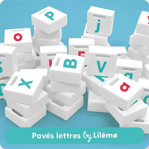 White letter blocks for children educational toy from Lilemó on blue background