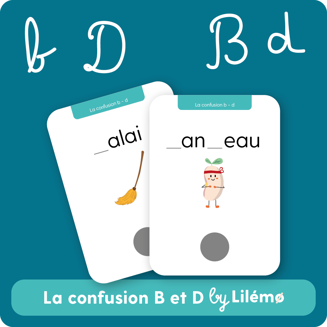 Educational flashcards for children illustrating the difference between the letters B and D in French, titled "La confusion B et D by Liliémö".