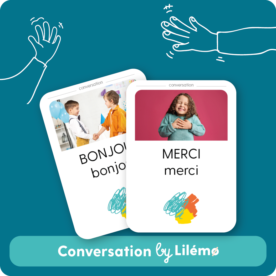Language learning flashcards for children featuring greetings 'Bonjour' and 'Merci' from Conversation by Lilemo.