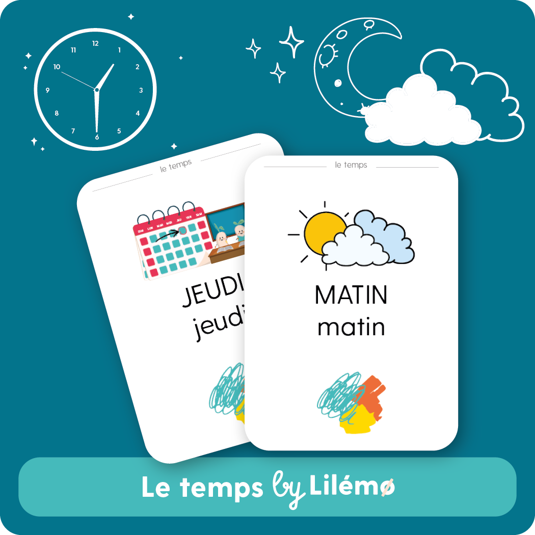 Educational French flashcards for learning days and weather, featuring a clock, a partly cloudy symbol and Le temps by Liliémo branding.