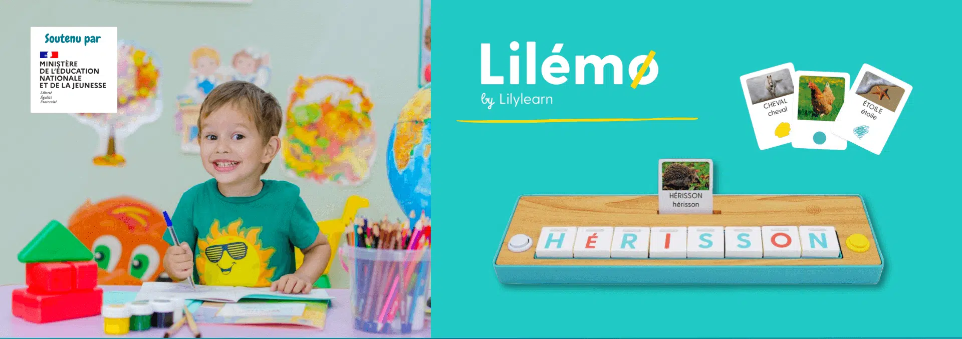 Child engaging in creative play with educational toys endorsed by the Education Ministry, featuring Lilémō by Lilylearn language learning game for children.