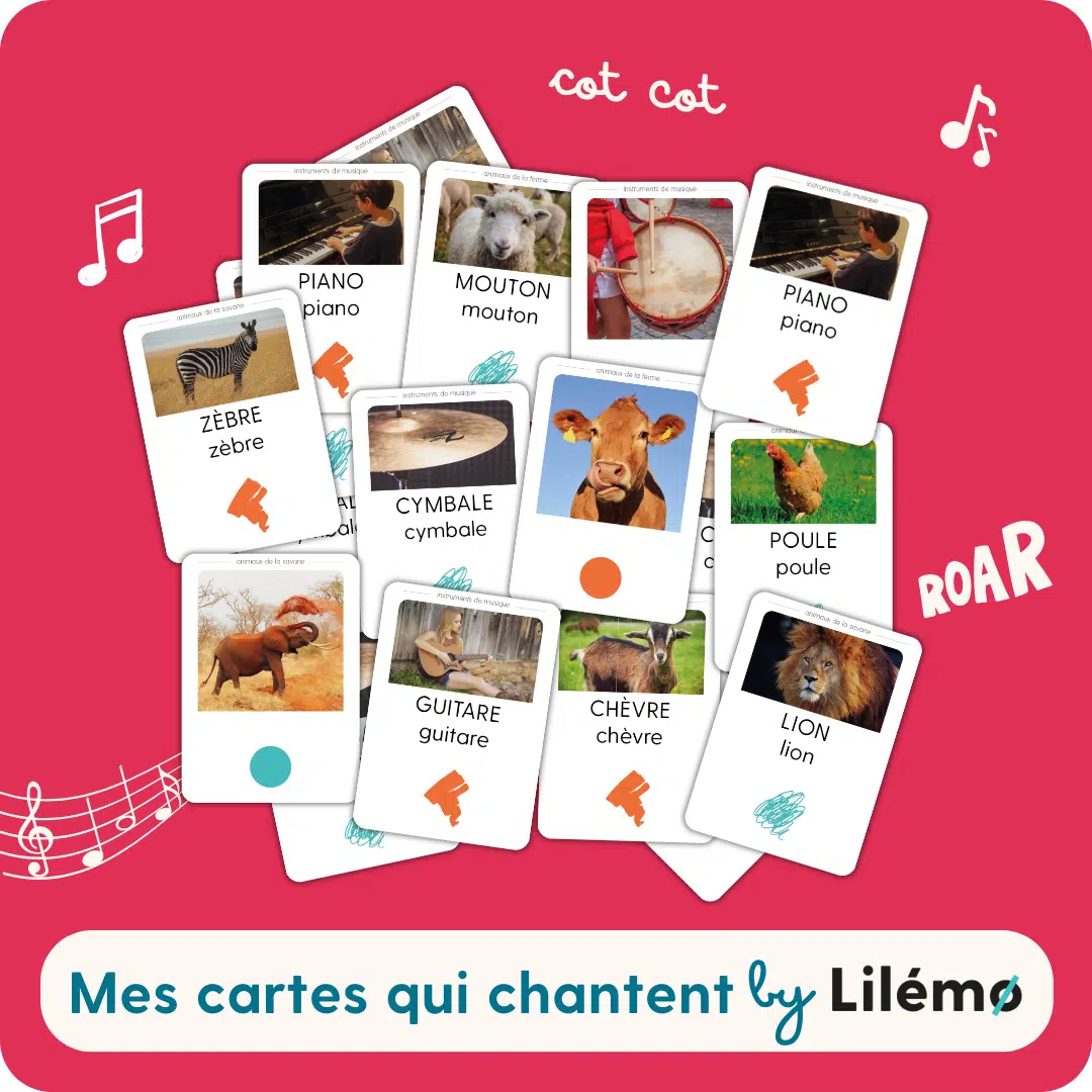 Cartes éducatives illustrant des animaux et des instruments de musique, incluant un zèbre, un mouton, un piano, une cymbale, une guitare, une chèvre, une poule et un lion, avec le slogan "Mes cartes qui chantent by Lilémò".