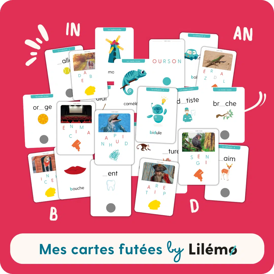 Cartes éducatives colorées de Lilémo, présentant divers mots et images, conçues pour aider les enfants à apprendre le vocabulaire en français.