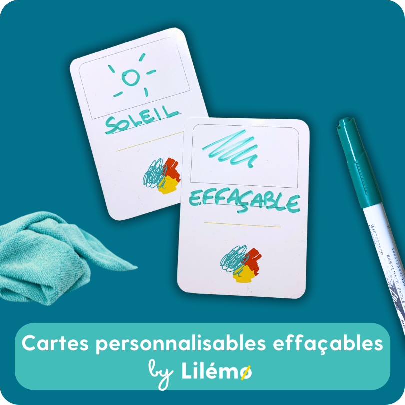 Cartes personnalisables et effaçables pour apprendre à lire avec Lilémø. Ces cartes sont inscriptibles au feutre d'ardoise.